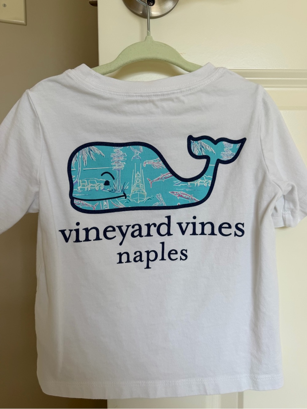 Vineyard Vines White Tee with Turquoise Patterned Whale - Kids